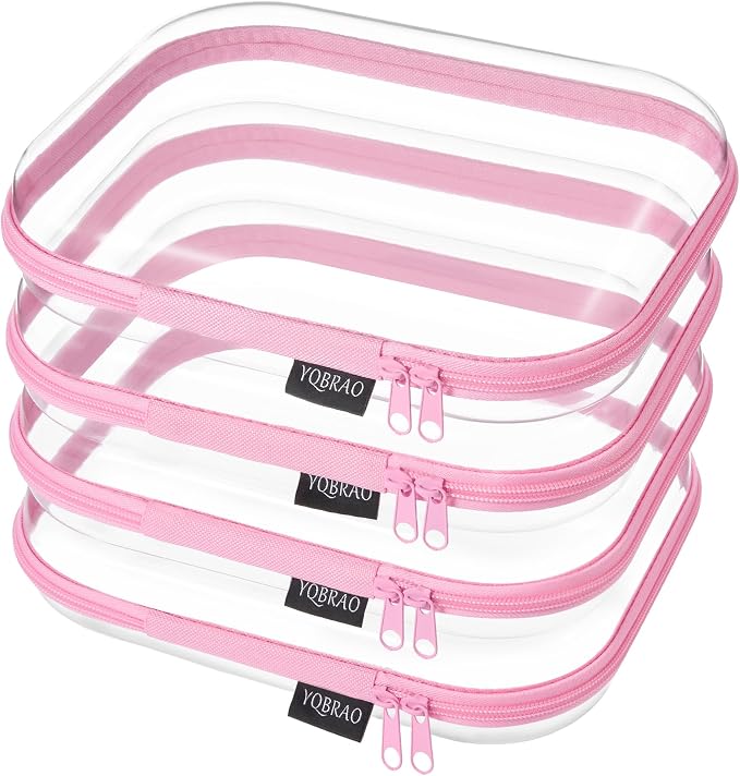 YQBRAO Clear Hard Shell Zipper Cases, 4 Medium Makeup Organizers, Pink | Rigid 1.2 mm PET and YKK dual zippers for skincare, toiletries, chargers, notebooks and daily essentials