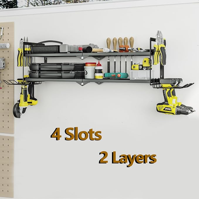 AZERPIAN Power Tool Organizer Heavy Duty Wall Mount Drill Tools Holder | Garage Wall Mount Tool Rack, Workshop Metal Cordless Tool Shelf, 2 Layers Utility Storage Racks for 4 Drill Holders