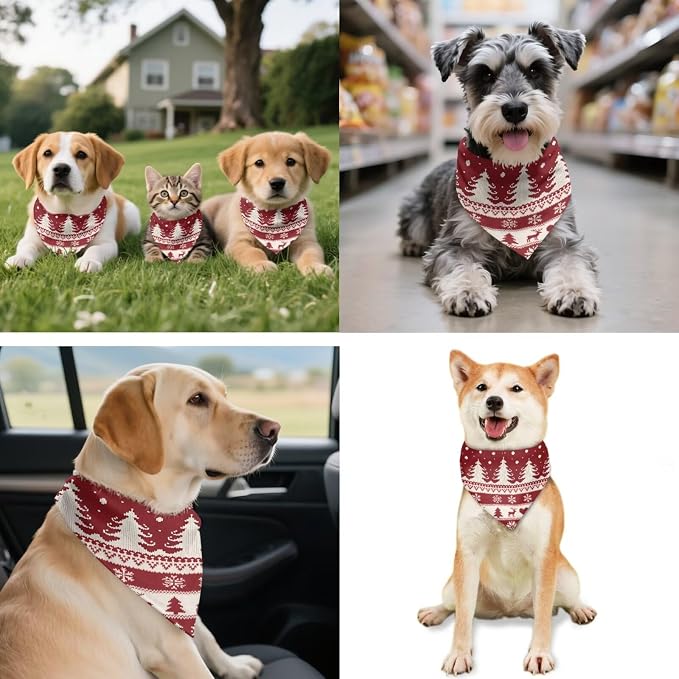 COEQINE Christmas Dog Bandanas Cotton Dogs Accessories with Hair Tie Organizer Travel Cute Xmas Tree Red Western Deer Pattern Dog Bandanas Bulk for Holiday Pet and Owner Matching Outfits
