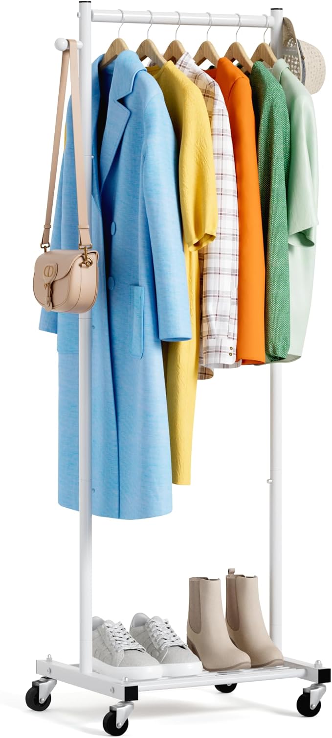 MISSLO Small Clothes Racks for Hanging Clothes Clothing Rack with Wheels 60" Garment Rack with Shelves Portable Rolling Wardrobe Rack for Small Space, White