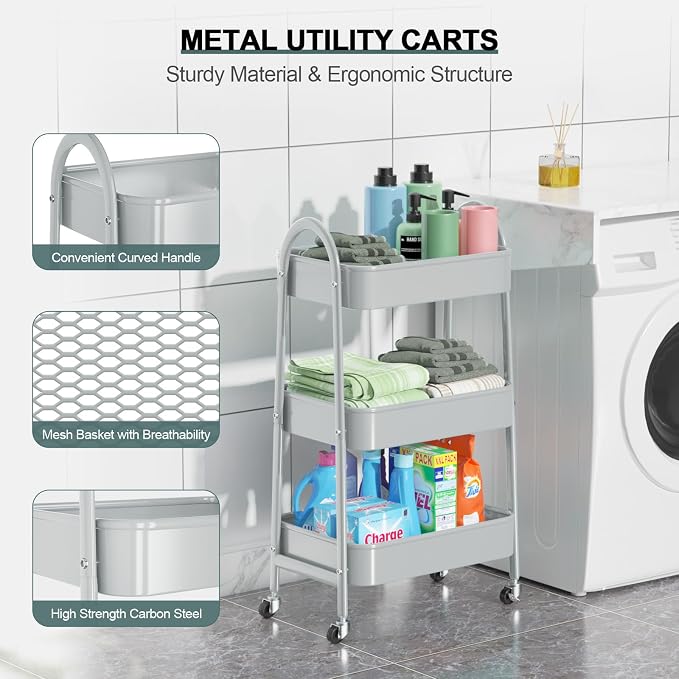 3 Tier Utility Rolling Cart, Metal Storage Cart with Handle and Lockable Wheels, Multifunctional Storage Organizer Trolley with Mesh Baskets for Kitchen, Living Room, Office, Garage (Grey)