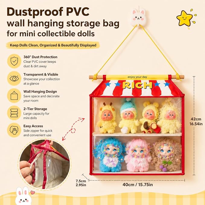 Dustproof Hangingcute Doll Storage Display Organizer with Clear PVC Cover | Cute Doll Storage Bag,High-Contrast Fabric Plush Figure Wall Holder for Labubu Molly Dimoo,Gift for Doll Collectors
