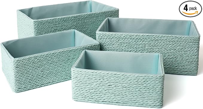 LA JOLIE MUSE Bathroom Basket Organizers, Paper Rope Storage, Green 4 Pack