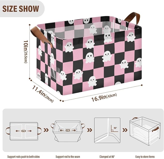 Pink and Black Checkered Ghost Storage Basket Foldable Cube Storage Bins with Handles&Label Waterproof Organizer Box Bin Large Rectangle Decorative Baskets for Shelves Home Room Laundry, 2 Pack