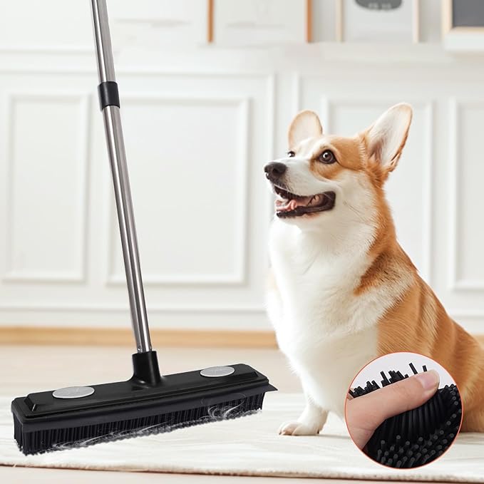 Carpet Rake Reusable Pet Hair Remover Rubber Broom with Squeegee for Pet Hair Removal Tool 59" Long Handle Cat and Dog Hair Remover for Area Rugs, Carpet, Hardwood Floor, Tile