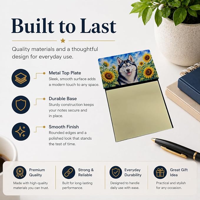 Caroline's Treasures Siberian Husky in Sunflowers Watercolor Sticky Note Holder Refillable Dispenser Desk Accessory 3x3 Pad Gift