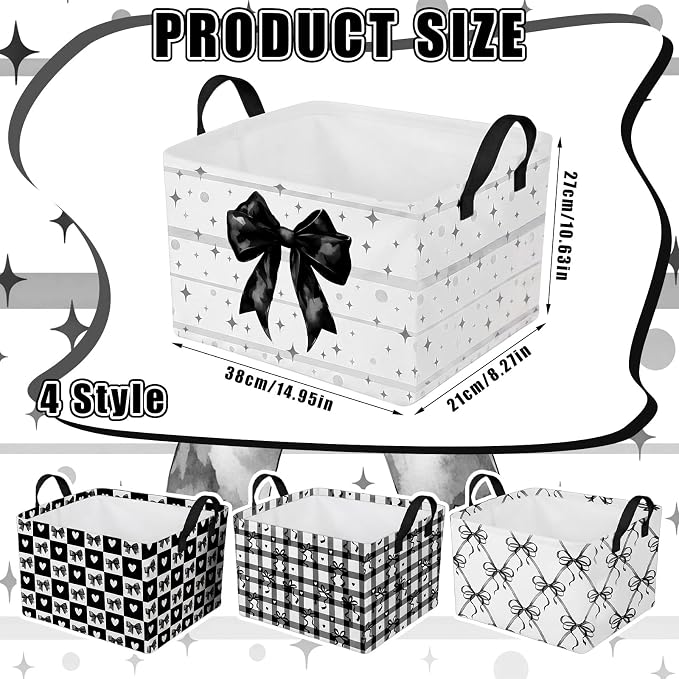 4 Pcs Coquette Black Bow Storage Basket for Gifts Dark Preppy Girly Collapsible Fabric Storage Bins with Handle Foldable Laundry Organizer for Home Bedrooms Baby Clothes Toys Books