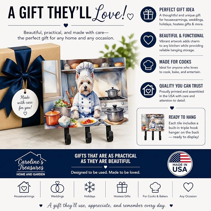 Caroline's Treasures Westie The Chef Leash or Key Holder Wall Hooks, Key Hooks Holder, Coat Rack Wall Mount, Coat Hooks, Hooks for Hanging Keys, Towels, Aprons, Leashes | Westie The Chef artwork on ceramic tile with three steel hooks for keys, leashes,...