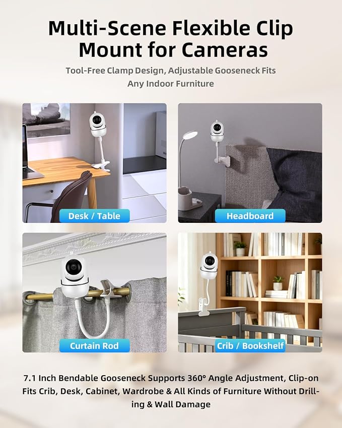 Universal Baby Monitor Camera Clip Mount with Flexible Gooseneck, White | Fits for Most Cameras for Home Security/Indoor Camera, No Drill Required, 7.1 Inch Gooseneck, Includes Nano Tape