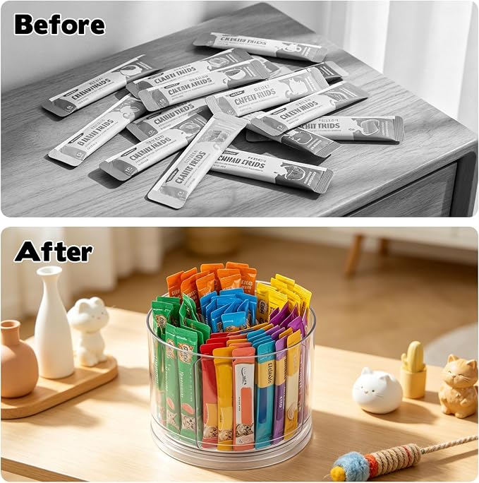 Lickable Cat Treats Organizer, Rotatable Acrylic Squeeze Up Cat Food Storage Container with 5-compartment Storage for Pet Treats, Wet Cat Treats Storage for Kitchen Cabinet Pantry Shelf Countertop