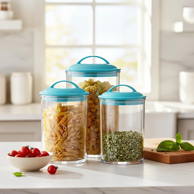Reston Lloyd Food Storage Containers, BPA Free Airtight Canisters for Cereal, Pasta, Sugar, Coffee, Flour, Cookies, Loose Tea, for Kitchen Organization, Set of 3, Turquoise