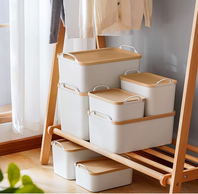ANMINY White Plastic Storage Bins Baskets with Lids, 8-Pack, 1XL+1L+2M+4S | Large Plastic Bins, Sturdy PET, with Handles, Stackable, Opaque Storage Boxes, for Closet Shelves Desk, Wheat Lids
