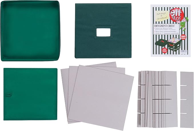 Elf Stor Christmas Ornament Storage Box, Green, 12” x 12” x 12” | Durable Holiday Organizer Cube with 64 Compartment Dividers, Riveted Handles, and Lid