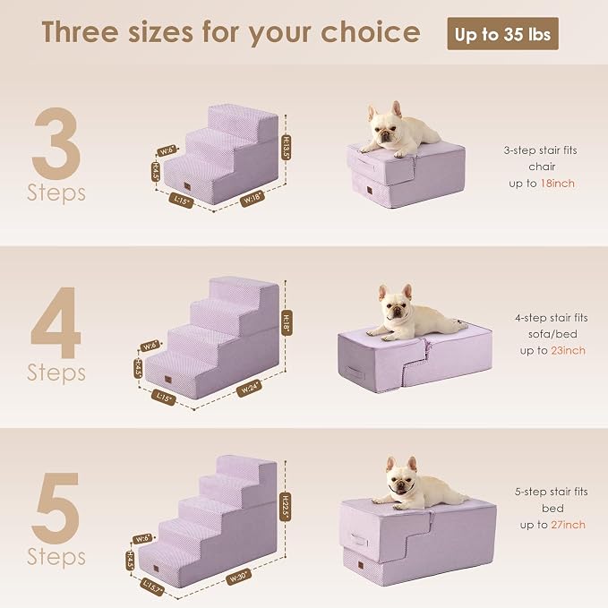 EHEYCIGA Dog Stairs for Small Dogs 13.5" H, 3-Step Dog Steps for Cats, Lilac