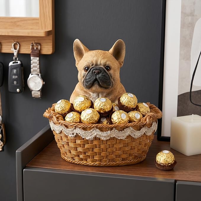 Cute French Bulldog Candy Bowl, Resin Dog Figurine Key Bowl for Entryway Table, Desktop Storage Basket Organizer for Desk, Unique Dog Lover Gift