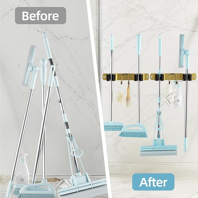 Broom Holder Wall Mount, 2-Pack Stainless Steel Mop and Broom Organizer, Broom Hanger with 2 Slots 2 Hooks for Home Kitchen, Garage, Garden and Laundry Room, Gold