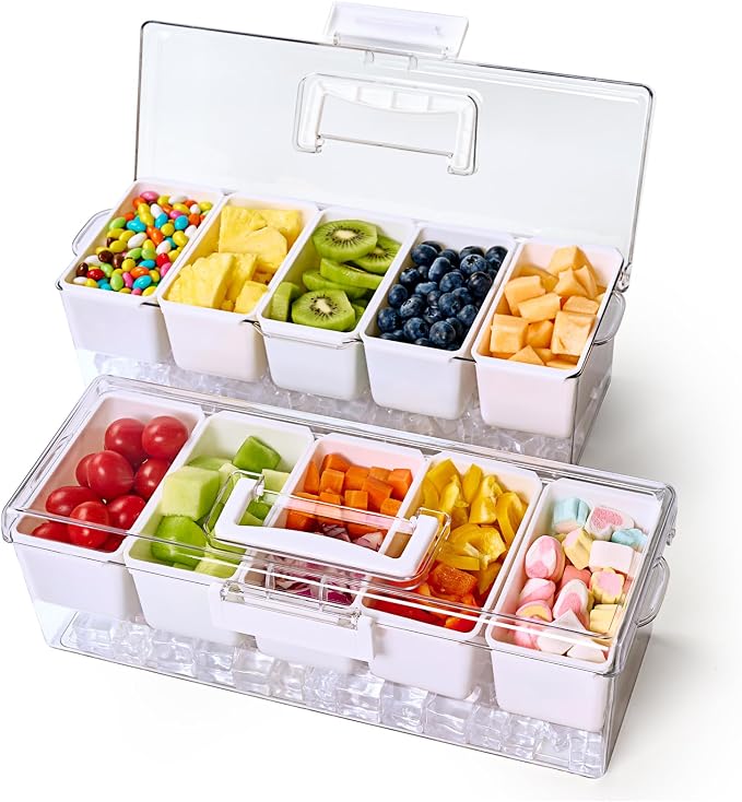 Garnish Tray 2 Pack Chilled Condiment Server with 5 Small Containers | Garnish Serving Tray with Hidden Handle Design, Ice Chilled Condiment Organizer for Camping, Kitchen, Fruit, Salad