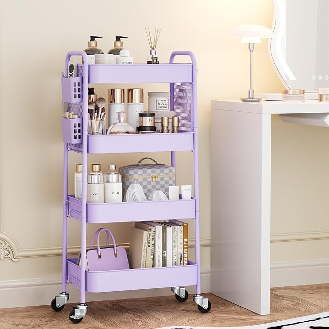 TOOLF 4 Tier Rolling Cart, Metal Utility Storage Cart with Pegboard, Purple | 2 Bins & 4 Hooks, Screwless Assembly, Lockable Wheels, Trolley Organizer for Bathroom, Kitchen, Office, Dorm, Craft Room