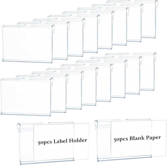 50pcs Labels for Storage Bins Plastic Label Clip, Basket Labels Clip On Wire Shelf Price Label Holder Merchandise Sign Display Holder, 50pcs Label Insert Included (6x4cm)