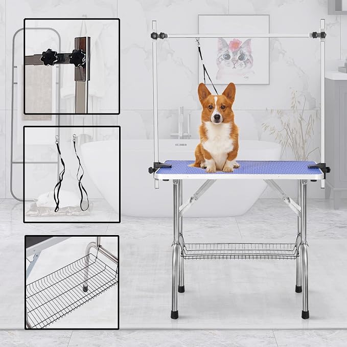 SoarFlash Pet Dog Grooming Table Foldable,Heavy Duty Foldable Pet Grooming Table with Arm & Noose & Mesh Tray, Maximum Capacity Up to 330lbs, 42inch, Blue