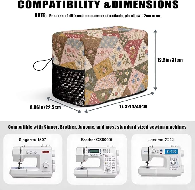 Sewing Machine Cover Polyester Febric Triangle Cottage Floral | Dust Pet Hair Protection,Quilting Design,Fits Standard Singer,Brother Janome Machines,Protecting Decorating Your Sewing Space