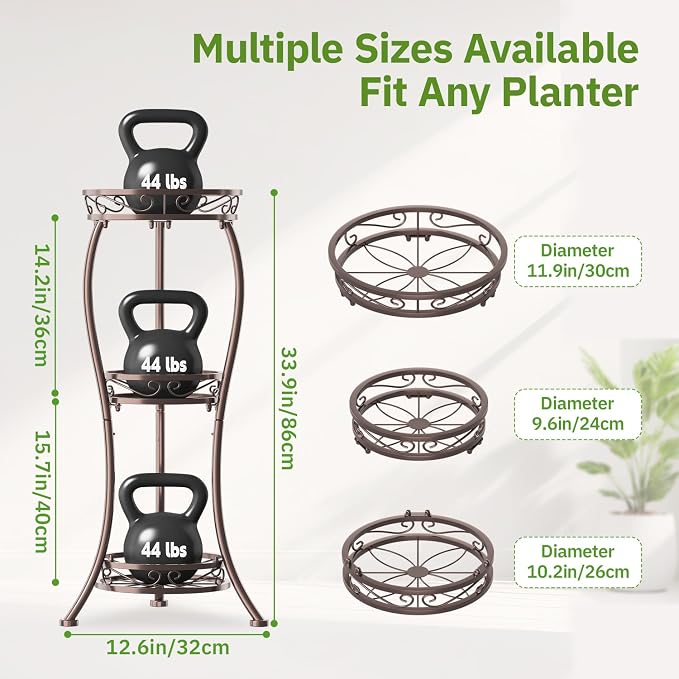 KMOTASUO Metal Plant Stand Tall for Indoor Outdoor Corner, 3 Tier Bronze | Heavy Duty Flower Holder Rack, Modern Vertical Iron Shelf for Patio Bathroom Office Garden