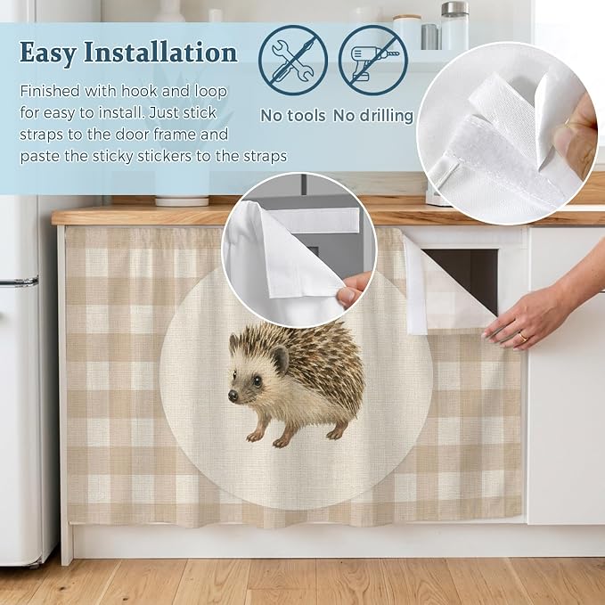Hedgehog Oven Skirt Curtain for Kitchen Decor 28"x35", Vintage Farmhouse Linen Plaid Rustic Animal Self Adhesive Stove Curtains Skirt Cabinet Curtains for Bathroom Laundry Room