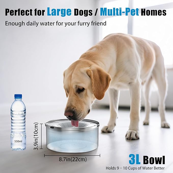 SCHITEC Dog Water Bowl No Spill 3L/0.8 Gallon Slow Drinking Anti-Splash Stainless Steel Dog Bowl with Floating Disk, Spill Proof Pet Travel Water Dispenser for Sloppy Messy Drinkers(Light Gray)