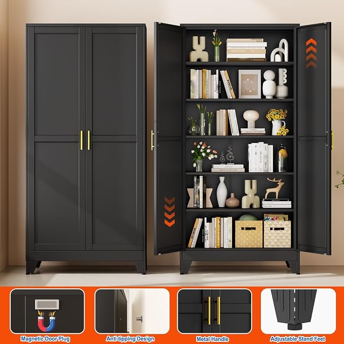 GAIOUS 75'' Tall Metal Garage Storage Cabinet, File Cabinet with 2 Doors and 5 Adjustable Shelves, Black Outdoor Steel Tool Cabinets for Home Office,Warehouse,Garage