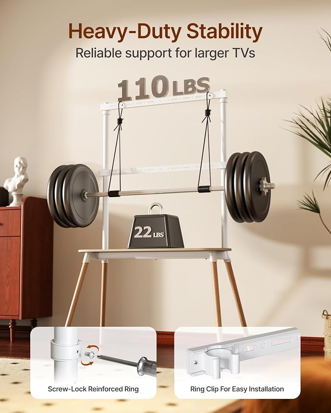 4-Leg Easel TV Stand for 49-86" TVs, 110 lbs, White | Height-adjustable floor TV stand, storage shelf, cable management and protective pads for living room, office or school