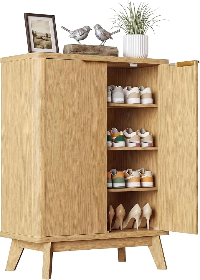Shoe Cabinet with Doors & Adjustable Shelves, Natural | Modern Wooden Storage Cabinet for Entryway, Mudroom And Apartment, Reducing Clutter And Dust Buildup