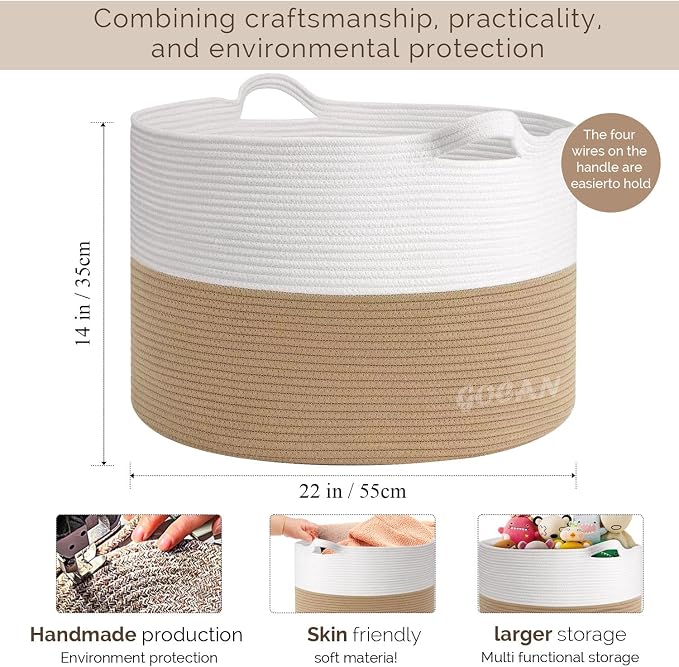Cotton Rope Woven Laundry Basket 22"X 22"X 14" with handles(Jute/Beige)XXXL | Hand-woven, ideal for storing blankets and cushions in the living room, and clothes for household storage.