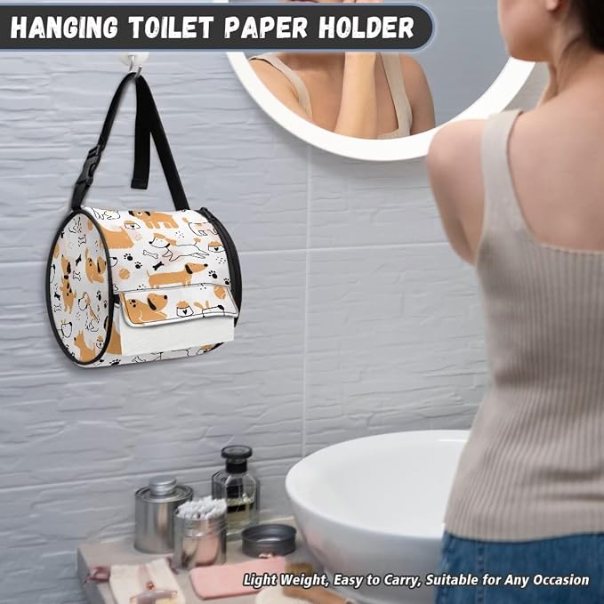 Hanging Paper Tower Holder Wall Mounted Cylinder Toilet Paper Roll Storage Holder with Adjustable Strap Easy to Install 6.3 * 6.3 * 6.3 Inch,Kawaii Puppies