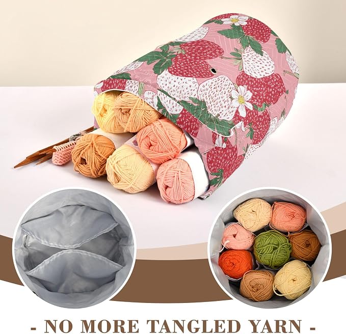 Tatenale Crochet Bag Yarn Bag Knitting Project Bag with Pockets and Handle Portable Yarn Storage Organizer Tangle Free 8.3x11 InchPink White Strawberries Flowers25