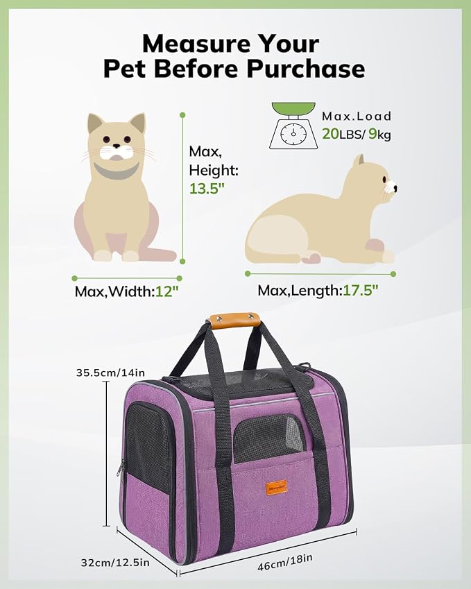Morpilot Pet Carrier for Large Cats, Puppies & Small Dogs Up to 25lbs | Escape-Proof with Locking Zippers, Dual-Sided Cushion, Safety Buckle for Car & Vet Travel, Includes Foldable Bowl (Purple)
