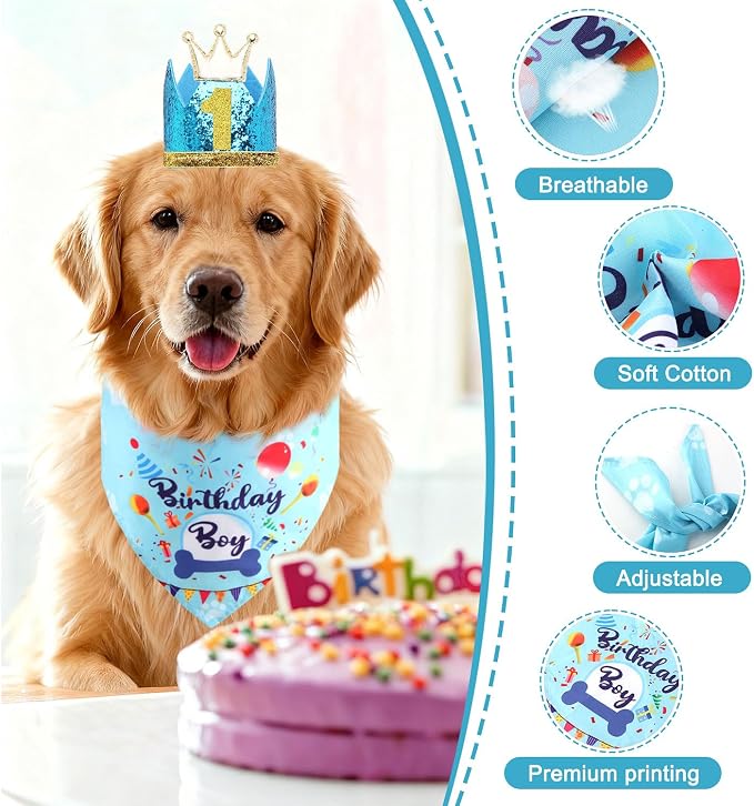 Rensh Dog Birthday Party Supplies, Dog Birthday Bandana Hat with Numbers for X-Large Large Small Pets, Multi Size Birthday Decorations for Dogs and Cats (Blue, Large)