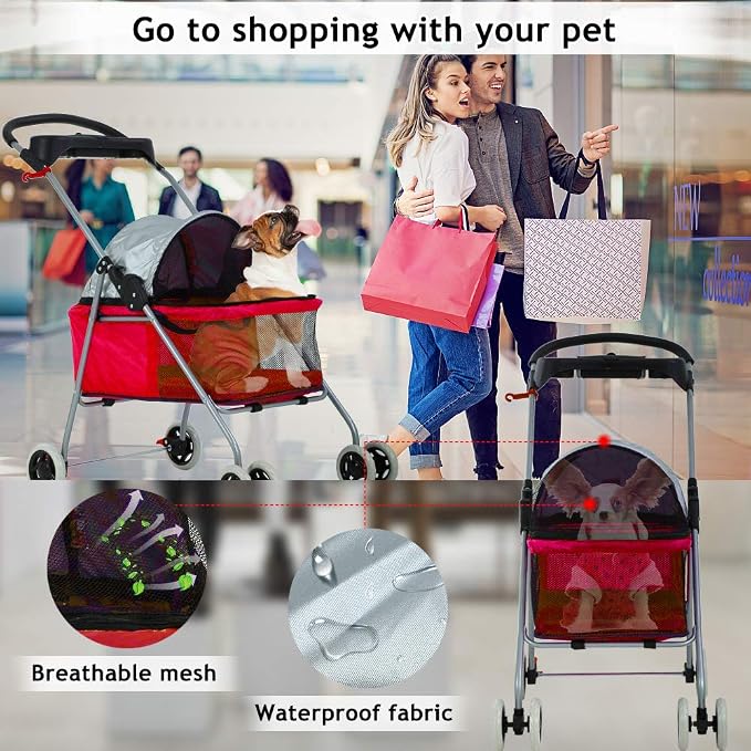 Cat Dog Stroller for Small & Medium Dogs Up to 35Lbs Kitten Doggie Cage Waterproof Foldable Travel Carrier Puppy Strolling Cart Durable 4 Wheels Large Pet Stroller Jogger with Cup Holders, Red