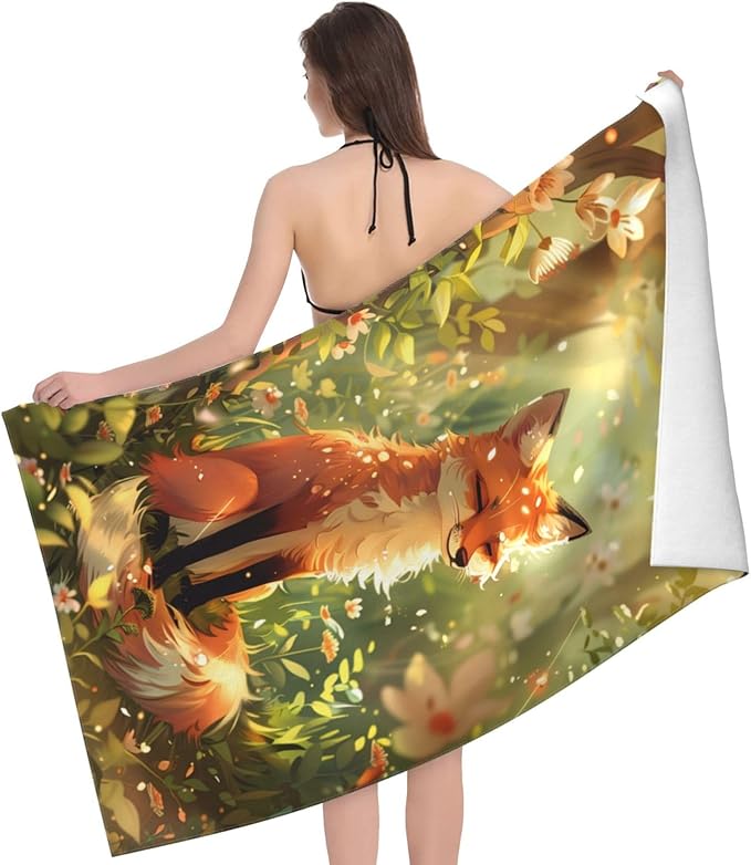 Cute Fox Beach Towel 31inx51in, Fox Sand-Free Microfiber Bath Towel Ultra Soft Quick Dry Pool Towel Absorbent Towel Lightweight Towel for Swimming Bathroom Decor