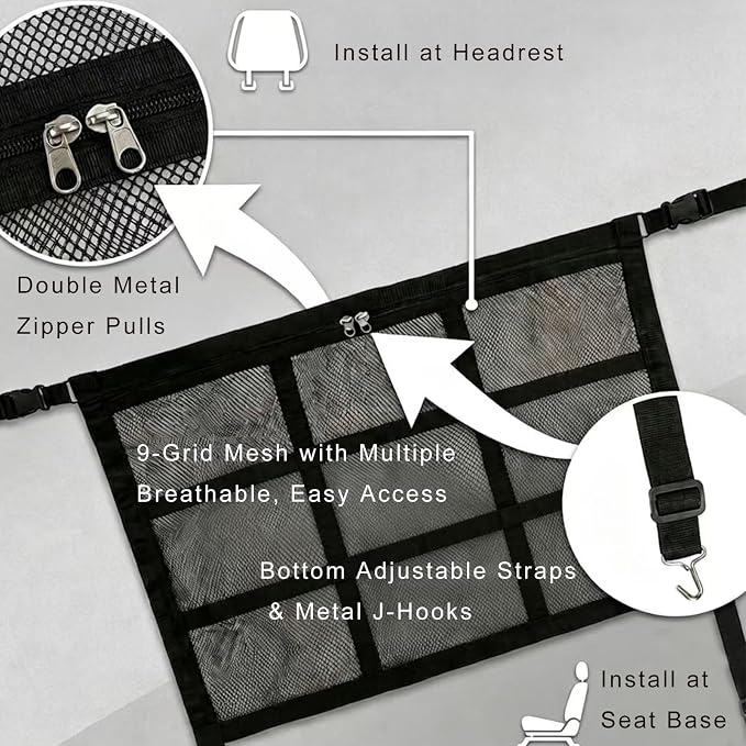 Car Seat Pet Barrier Mesh Organizer Storage Pocket Adjustable Strap | 58×58CM Backseat Pet Divider with Storage Pocket Dog Barrier for Front Seats Auto Back Seat Net for Pet Safety & Car Storage