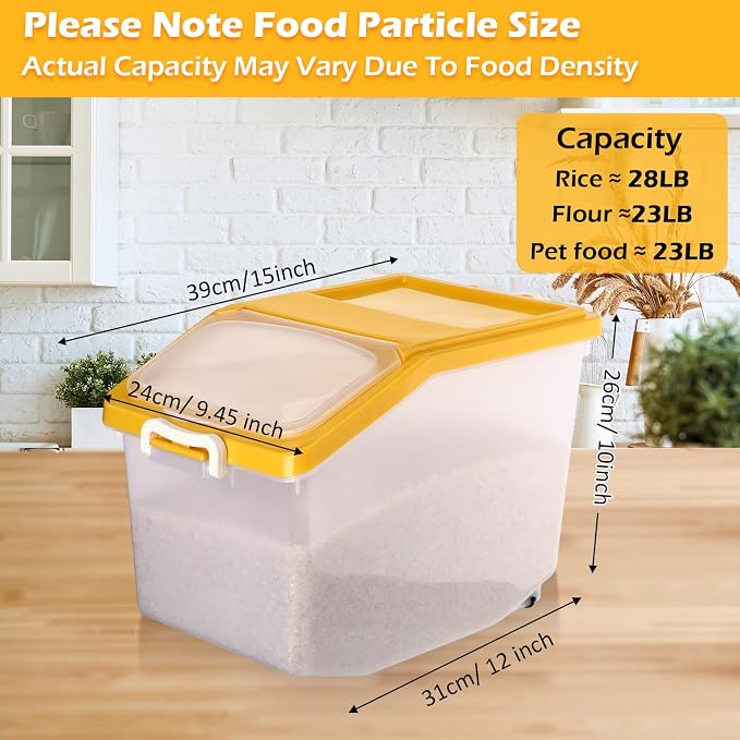 Sunnyray 4 Pcs Rice Storage Container Bulk 27.6 lb Airtight Flour Container with Wheels and Lids Measuring Cup Clear Pet Food Dog Birds Cat Food Bin Grain Cereal Organizer Box(Yellow)