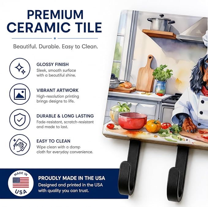 Caroline's Treasures Gordon Setter The Chef Leash or Key Holder Wall Hooks, Key Hooks Holder, Coat Rack Wall Mount, Coat Hooks, Hooks for Hanging Keys, Towels, Aprons, Leashes | Gordon Setter The Chef artwork on ceramic tile with three steel hooks for ...