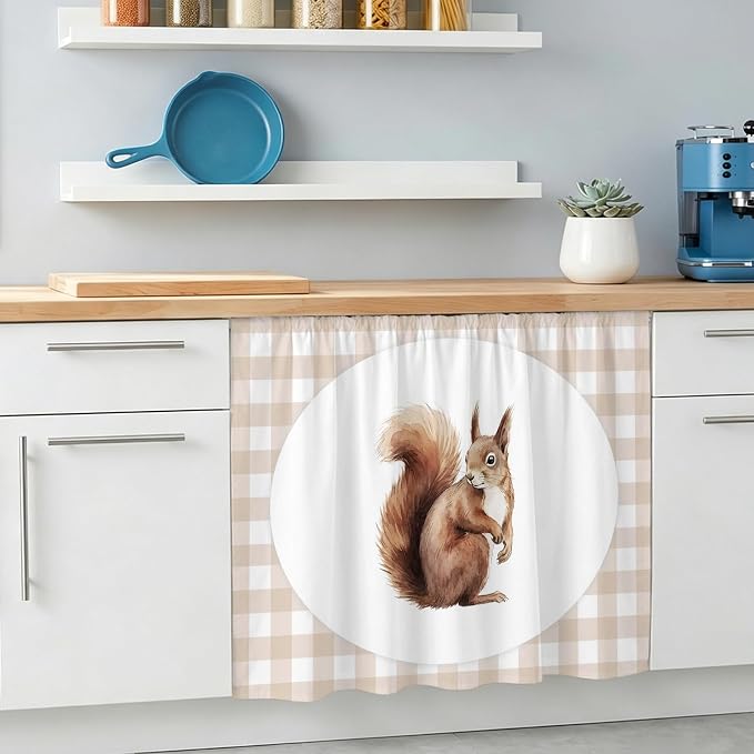 Squirrel Plaid Oven Skirt Curtain for Kitchen Decor 28"x35", Modern Farmhouse Checkered Rustic Animal Self Adhesive Stove Curtains Skirt Cabinet Curtains for Bathroom Laundry Room