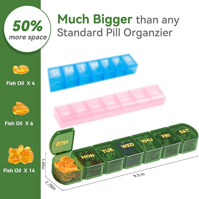 Large Pill Organizer Weekly - 7 Day Compartments with Easy-Open Design | SHIJOINYU XL Pill Box with High-Capacity, Daily Medicine Pill Organizer for Vitamins, Supplements, Fish Oils