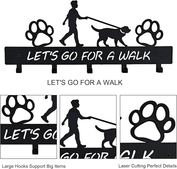 Dog Leash Holder Wall Mount, Dog Supply Organizer with 5 Hooks | Metal Key Hooks for Wall， Wall Storage for Hanging Leash, Vest, Harness, Keys