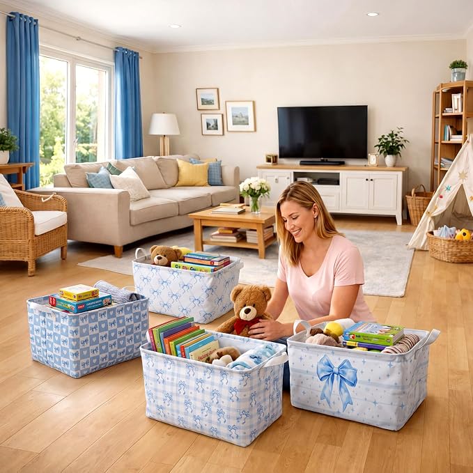 4pcs 4 Pcs Blue Bow Storage Basket for Gifts Collapsible Girls Coqutte Blue Storage Bins with Handle Cute Preppy Foldable Laundry Organizer for Home Bathroom Bedrooms Baby Clothes Toys Books