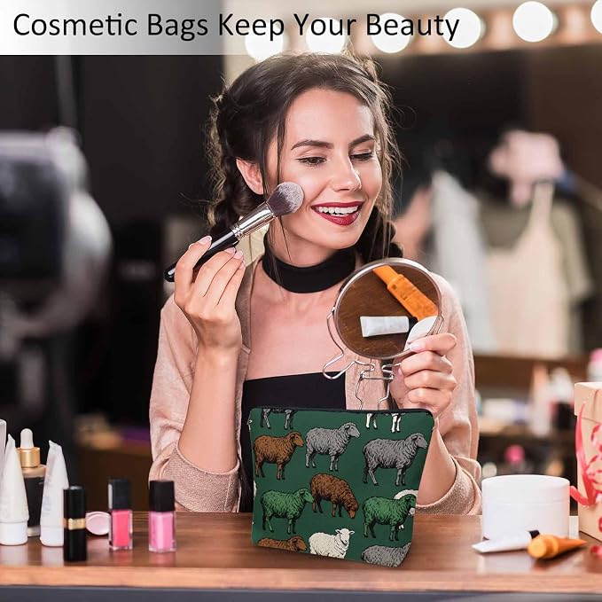 Women Cosmetic Bag Sheep, Farm Animal Sheep Cute Makeup Bag For Purse Cosmetic Travel Bag For Toiletries Makeup Storage Bag Flax Skincare Bag Make Up Pouch Bags Green