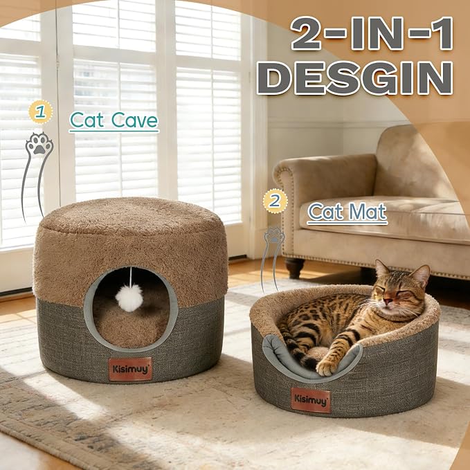2-in-1 Cat Bed Cave, Cozy Covered Cat Beds for Indoor Cats,Pet Bed | 15.7"D x 13"H, Cave To Bed In Seconds, Cat Hideaway for Kittens & Small Dogs, Soft Plush Comfort, Machine Washable Puppy Bed