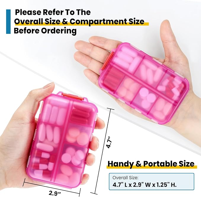 14 GRIDS Travel Pill Organizer Box with Labels - Travel Medicine Case Kit - Pocket Daily Pharmacy Container - Travel Medication Holder Dispenser for Fish Oil Vitamin Supplement Storage - Clear Pink