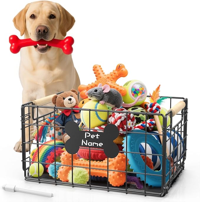Dog Toy Basket, Foldable Metal Dog Toy Bin 15''×10.63''×8.27'' | Chew-Proof Basket with Handles, Pet Stuff Storage Organizer Box, Marker Pen, Portable Puppy Toys Basket for Living Room