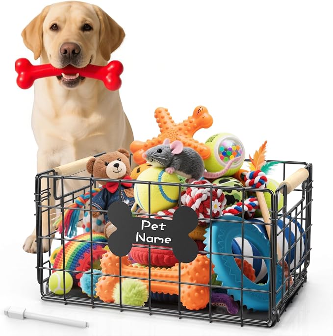Dog Toy Basket, Foldable Metal Dog Toy Bin 20.8''×12.99''×11'' | Chew-Proof Basket with Handles, Pet Stuff Storage Organizer Box, Marker Pen, Portable Puppy Toys Basket for Living Room